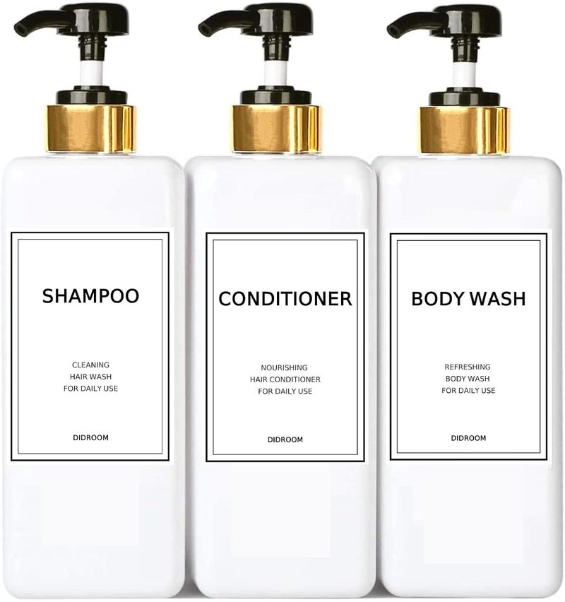 DIDROOM Modern Gold Shampoo and Conditioner Dispenser (21 oz, Pack of 3) Refillable Pump Bottle Set Empty Shower Plastic Bottles with Pump for Bathroom Body Wash Soap and Shower, 3 Types Waterproof Labels - Image 1
